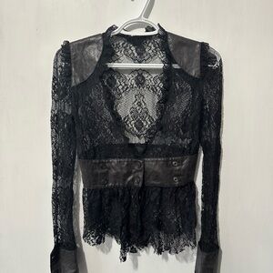 Blacklist Gothic Victorian Black Lace Top Lace and Leather Long Sleeve sz xs